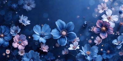 The primary subject of the image is a group of blue flowers, which are the main objects in the scene. The setting is a blue background, which creates a serene and calming atmosphere. The visual style is a painting, which adds an artistic and creative touch to the image. The dominant colors are blue and white, which contribute to the overall mood of the painting.