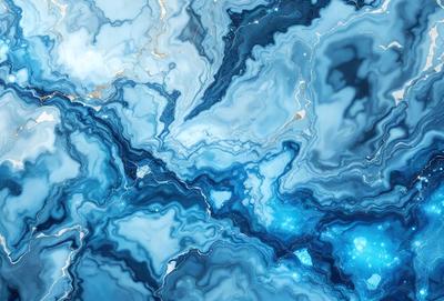 The primary subject of the image is a blue and white marble-like surface, which appears to be a patterned or textured stone. The setting is a close-up of the stone, showcasing its intricate design and texture. The visual style is a combination of a photo and digital art, as the image is a close-up of the stone, but the colors and patterns are enhanced by digital manipulation. The dominant colors are blue and white, creating a serene and calming atmosphere.