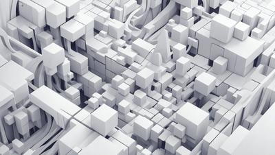 The primary subject of the image is a white, three-dimensional, geometric structure. The setting is a white background, which creates a clean and minimalist appearance. The visual style is digital art, as the structure is composed of many small, white cubes. The colors and mood of the image are predominantly white, giving it a calm and serene atmosphere.