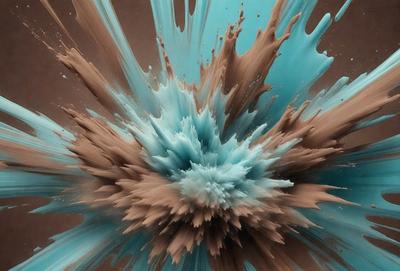 The primary subject of the image is a blue and brown splash of paint, which appears to be a digital art or illustration. The setting is a dark background, and the visual style is a close-up of the splash of paint. The dominant colors are blue and brown, creating a mood of depth and intensity.
