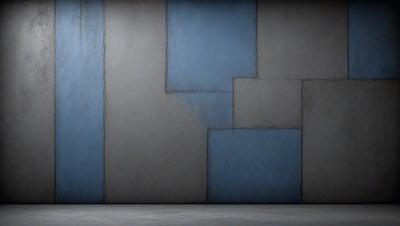 The primary subject of the image is a blue wall with a pattern of squares. The setting is a room with a concrete floor. The visual style is a photo, and the dominant colors are blue and gray. The overall atmosphere is modern and minimalistic.