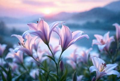 The primary subject of the image is a beautiful bouquet of purple flowers, with a mix of white and pink flowers, sitting in a field near a body of water. The setting is a serene, natural environment with a gentle, calming atmosphere. The visual style is a realistic, natural representation of the flowers and their surroundings. The colors and mood convey a sense of tranquility and harmony with nature.