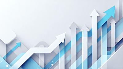 The primary subject of the image is a white background with a series of blue and white arrows pointing upwards. The arrows are arranged in a way that creates a sense of movement and progression. The setting is a white background, which provides a clean and minimalist appearance. The visual style is digital art, as the arrows are created using digital tools. The colors and mood of the image are predominantly blue and white, giving it a calm and professional appearance.