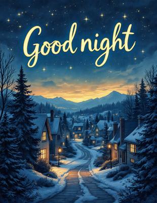 Good Night: A serene nighttime scene with a snow-covered road and houses. The primary subject is the night sky, which is filled with stars. The setting is a snowy village with houses and trees. The visual style is a digital art illustration, creating a cozy and peaceful atmosphere. The colors are predominantly dark, with the snow and night sky being the main focus, while the houses and trees add a touch of warmth to the scene.