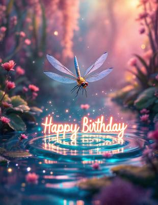 The primary subject of the image is a dragonfly hovering over a body of water. The setting is a beautiful, colorful garden with flowers and plants surrounding the water. The visual style is a digital art, creating a whimsical and magical atmosphere. The dominant colors are blue, pink, and yellow, which contribute to the overall mood of the scene.