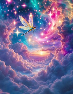 Primary subject: A dragonfly flying through a cloudy sky.

Setting/background: The dragonfly is flying through a cloudy sky, with a backdrop of a colorful, star-filled night sky.

Visual style: The image is a digital art or illustration, featuring a dragonfly as the main subject.

Colors and mood: The image has a vibrant and lively atmosphere, with the dragonfly flying against a backdrop of a colorful, star-filled