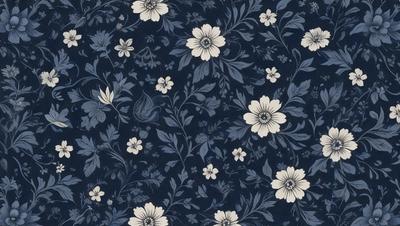 The primary subject of the image is a blue and white floral pattern. The setting is a blue background, and the visual style appears to be a combination of a photo and a digital art or illustration. The dominant colors are blue and white, creating a calm and serene atmosphere.