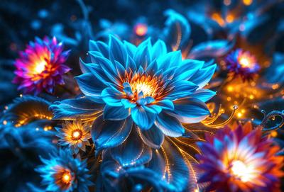 The primary subject of the image is a large blue flower with a yellow center, surrounded by other flowers. The setting is a blue background, which adds to the overall visual style. The image is a digital artwork, featuring a vibrant and colorful display of flowers. The dominant colors are blue and yellow, creating a lively and cheerful atmosphere.