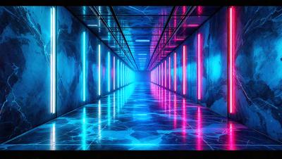 The primary subject of the image is a long, narrow hallway with a blue and pink lighting effect. The setting is a futuristic, underground environment, possibly a space station or a subterranean facility. The visual style is a combination of digital art and illustration, creating a unique and captivating atmosphere. The dominant colors are blue and pink, which contribute to the futuristic and surreal mood of the scene.