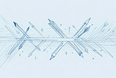 The primary subject of the image is a blue line with multiple arrows pointing in different directions. The setting is a white background, and the visual style appears to be a combination of digital art and illustration. The colors and mood of the image are predominantly blue, creating a calm and focused atmosphere.