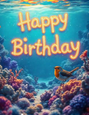 The primary subject of the image is a bird, which is the main focus of the scene. The bird is perched on a branch, surrounded by a vibrant and colorful underwater environment. The setting includes a variety of aquatic elements, such as coral, seaweed, and other marine life. The visual style of the image is a combination of photo and digital art, creating a unique and eye-catching representation of the bird in its underwater habitat. The colors and mood of the image are lively and