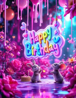 The primary subject of the image is a birthday celebration featuring two cute bunny rabbits. They are standing next to each other, and one of them is holding a cake. The setting is a pink and purple environment, which adds to the festive atmosphere. The visual style is a digital art or illustration, creating a whimsical and playful scene. The dominant colors are pink and purple, which are associated with celebrations and joy.