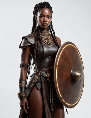 The primary subject of the image is a woman wearing a costume, specifically a warrior outfit. She is holding a shield in her hand, and her hair is in dreadlocks. The setting is a white background, which provides a clean and minimalistic environment for the image. The visual style is a combination of digital art and illustration, creating a detailed and realistic representation of the woman and her costume. The colors and mood of the image are predominantly dark, with the woman's outfit and shield