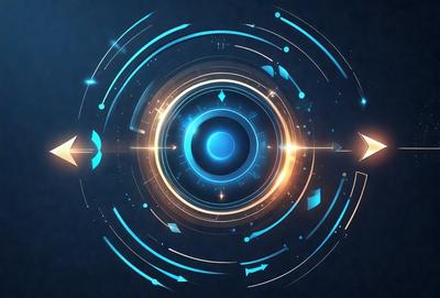 The primary subject of the image is a blue circle with a black center, which appears to be a futuristic or technological design. The setting is a blue background, which complements the blue circle. The visual style is digital art, as the circle is composed of various blue and orange lines, creating a dynamic and visually appealing design. The colors and mood of the image are predominantly blue and orange, giving it a futuristic and vibrant atmosphere.