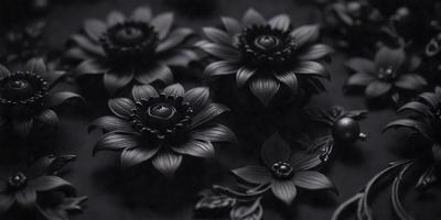 The primary subject of the image is a group of black flowers. They are arranged in a dark setting, possibly a black background or a dark room. The visual style of the image is a close-up of the flowers, showcasing their details. The colors and mood of the image are predominantly dark, with the black flowers being the main focus.