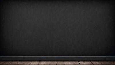 The primary subject of the image is a large, empty wall. The setting is a room with a wooden floor. The visual style is a photo, and the colors and mood are predominantly dark and moody.