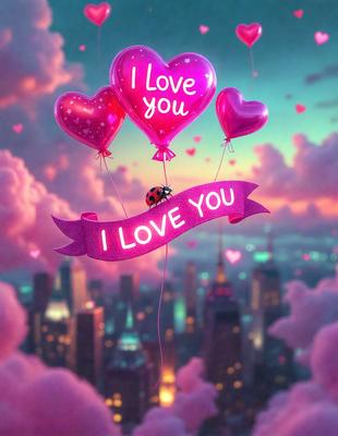 The primary subject of the image is a heart-shaped balloon with the words "I love you" written on it. The balloon is floating in the air, and it appears to be a part of a larger display of balloons. The setting is a cityscape, with buildings visible in the background. The visual style of the image is a combination of photo and digital art, creating a unique and eye-catching display. The colors and mood of the image are predominantly pink and heartw
