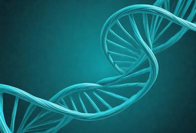 The primary subject of the image is a DNA strand, which is the main object, scene, or focus of the image. The setting or background is a blue surface, which adds a vibrant and modern touch to the visual style. The image is a digital art or illustration, showcasing the intricate structure of the DNA strand. The dominant colors are blue and white, creating a clean and professional atmosphere.