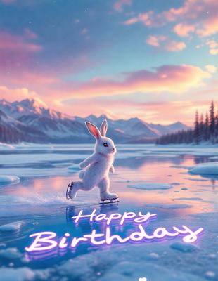 The primary subject of the image is a white rabbit, which is the main focus of the scene. The rabbit is depicted in a digital art style, with a pink background and a snowy environment. The rabbit is wearing skis and appears to be skiing on the snow. The overall atmosphere of the image is cheerful and celebratory, as it is a birthday card featuring the rabbit.