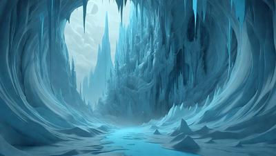 The primary subject of the image is a large, icy cave with a blue river flowing through it. The setting is a snowy, icy landscape, and the visual style is a digital art illustration. The dominant colors are blue and white, creating a cold and icy atmosphere.