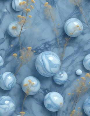 The primary subject of the image is a collection of blue glass balls, which are placed on a blue marble surface. The setting is a blue marble wall, and the visual style appears to be a combination of a photo and digital art. The dominant colors in the image are blue and white, creating a calm and serene atmosphere.