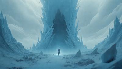 The primary subject of the image is a person walking in a snowy, icy landscape. The setting is a frozen, snow-covered environment with a large, icy structure in the background. The visual style is a digital art or illustration, creating a sense of depth and atmosphere. The colors and mood of the image are predominantly cold and icy, with a hint of blue from the sky.