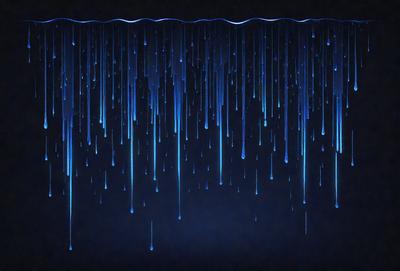 The primary subject of the image is a blue raindrop pattern. The setting is a dark background, which creates a moody atmosphere. The visual style is a digital art or illustration, as the raindrops are depicted in a detailed and artistic manner. The colors and mood of the image are predominantly blue, with the raindrops creating a sense of depth and movement.