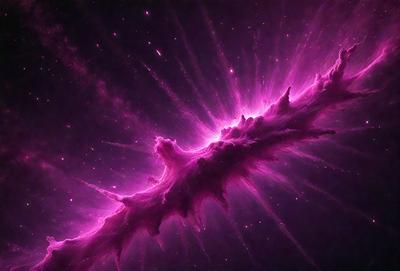The primary subject of the image is a pink, purple, and white nebula, which is the main object, scene, or focus of the image. The setting or background of the image is a dark, starry sky, which provides a contrasting backdrop for the nebula. The visual style of the image is a combination of photo and digital art, as it appears to be a photograph of a digital art piece. The dominant colors of the image are pink, purple, and white, creating a vibr
