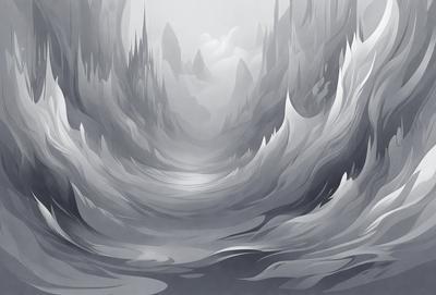 The primary subject of the image is a large, dark, and dramatic mountain range. The setting is a cloudy sky, which adds to the overall atmosphere of the scene. The visual style of the image is a combination of digital art and illustration, creating a striking and captivating image. The dominant colors are dark shades of gray, black, and white, which contribute to the dramatic and moody mood of the scene.