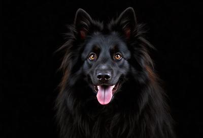 The primary subject of the image is a black dog with a panting tongue. The dog is standing in front of a dark background, which creates a dramatic contrast with the dog's fur. The visual style of the image is a close-up of the dog's face, showcasing its features and expression. The colors in the image are predominantly black and white, with the dog's fur being the most prominent color. The overall atmosphere of the image is intense and captivating, as the dog'