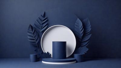 The primary subject of the image is a white plate with a blue border, placed on a blue surface. The plate is adorned with a decorative arrangement of leaves, creating a visually appealing and artistic display. The setting appears to be a dark room, which adds a dramatic and moody atmosphere to the scene. The visual style of the image is a combination of digital art and illustration, as the leaves are intricately designed and the overall composition is well-executed. The colors and mood of the image