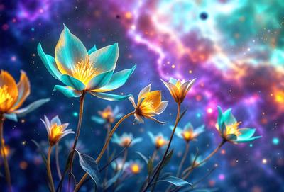 The primary subject of the image is a group of flowers, with each flower having a unique color. The setting is a vibrant, colorful background that complements the flowers. The visual style is a combination of photo and digital art, creating a lively and eye-catching scene. The colors and mood of the image are predominantly blue and purple, giving the flowers a serene and calming appearance.