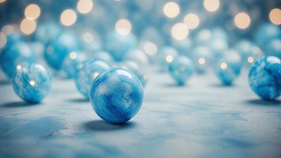 The primary subject of the image is a blue glass ball. The setting is a blue background with a pattern of blue and white balls surrounding the main blue glass ball. The visual style is a close-up of the blue glass ball, and the colors and mood are predominantly blue and white, creating a calm and serene atmosphere.
