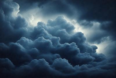 The primary subject of the image is a cloudy sky with dark clouds and a blue background. The setting appears to be a stormy day, with the clouds creating a dramatic atmosphere. The visual style of the image is a photo, capturing the beauty of the cloudy sky. The colors in the image are predominantly dark and blue, creating a moody and dramatic mood.