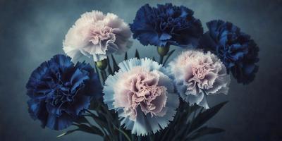 The primary subject of the image is a bouquet of flowers, which are pink and blue in color. The flowers are arranged in a vase, creating a visually appealing display. The setting is a blue background, which adds a sense of depth and contrast to the image. The visual style is a close-up of the flowers, showcasing their details and textures. The colors and mood of the image are predominantly calm and serene, with the blue flowers and the overall composition creating a peaceful atmosphere.
