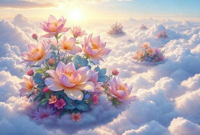 The primary subject of the image is a beautiful bouquet of flowers, predominantly pink and white, set against a backdrop of a cloudy sky. The flowers are arranged in a vase, and they are the main focus of the image. The visual style of the image is a combination of photo and digital art, creating a realistic yet artistic representation of the flowers. The colors and mood of the image are predominantly soft and serene, with the pink and white flowers evoking a sense of tranqu