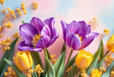 The primary subject of the image is a bouquet of purple and yellow flowers. The flowers are arranged in a vase, creating a beautiful and colorful display. The setting is a pink background, which adds a touch of warmth and elegance to the scene. The visual style of the image is a close-up of the flowers, allowing the viewer to appreciate the details and beauty of the bouquet. The dominant colors in the image are purple and yellow, creating a lively and cheerful atmosphere.