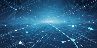 The primary subject of the image is a blue, computer-generated background featuring a complex network of lines and shapes. The setting is a dark, space-like environment, with the lines and shapes creating a visually intriguing and futuristic atmosphere. The visual style is digital art, as the image is a computer-generated creation. The colors and mood are predominantly blue, with a sense of depth and complexity in the design.