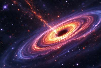 The primary subject of the image is a large, brightly lit, and colorful nebula. The setting is a dark, starry sky, with the nebula being the main focus of the image. The visual style is a combination of a photo and digital art, creating a vibrant and captivating scene. The colors and mood of the image are predominantly warm and inviting, with the nebula's vivid colors and the overall atmosphere of the image conveying a sense of wonder and