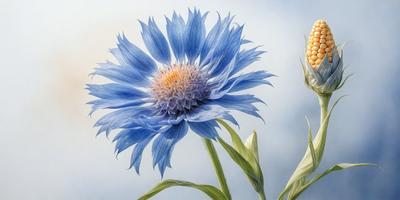 Primary subject: A blue flower with a yellow center.

Setting/background: A white background.

Visual style: Digital art.

Colors and mood: The blue flower has a calming and serene effect, while the yellow center adds a touch of warmth and brightness to the scene.