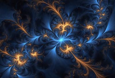 The primary subject of the image is a blue and orange swirling pattern, which appears to be a digital art or illustration. The setting is a dark blue background, and the visual style is a combination of digital art and illustration. The dominant colors are blue and orange, creating a vibrant and energetic atmosphere.