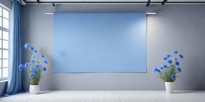 The primary subject of the image is a large blue screen or curtain, which is hanging on a wall. The setting is a room with a white floor, and the visual style appears to be a photo. The dominant colors in the image are blue and white, creating a calm and serene atmosphere.