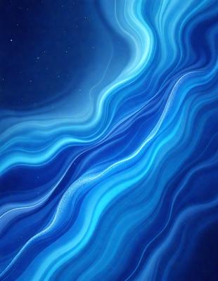 The primary subject of the image is a blue and white ocean wave. The setting is a dark blue background, which contrasts with the bright blue and white wave. The visual style is a digital art or illustration, creating a vibrant and dynamic scene. The dominant colors are blue and white, giving the image a calming and serene atmosphere.
