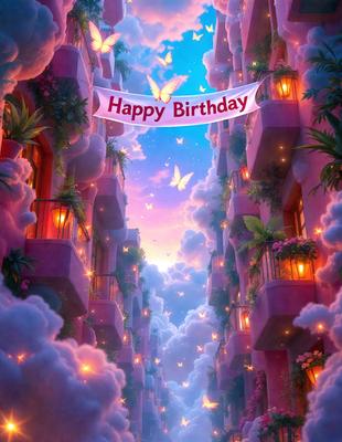 The primary subject of the image is a birthday celebration. The setting is a colorful, cloudy sky with a building in the background. The visual style is digital art, and the colors and mood are vibrant and joyful.