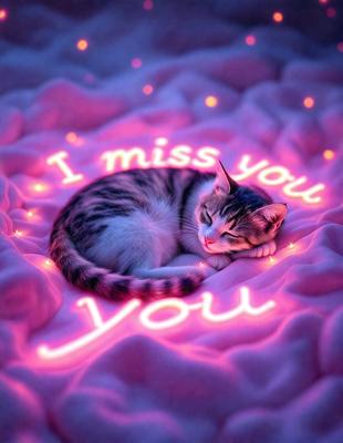The primary subject of the image is a cat lying on a pink surface. The cat is positioned in the center of the image, and it appears to be sleeping or resting. The setting is a bed, and the visual style is a combination of a photo and digital art. The dominant colors in the image are pink and white, creating a warm and cozy atmosphere.