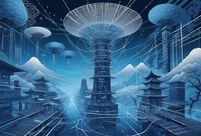 The primary subject of the image is a futuristic cityscape with a large tower and a dome-shaped structure. The setting is a nighttime cityscape with a blue sky, and the visual style is a digital art or illustration. The colors and mood of the image are predominantly blue and dark, creating a sense of mystery and intrigue.