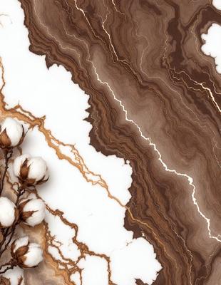 The primary subject of the image is a marble countertop with a gold vein pattern. The setting is a kitchen, and the visual style is a photo. The countertop has a brown and white marble pattern, and the overall atmosphere is elegant and sophisticated.
