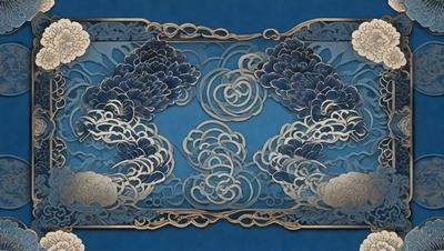 The primary subject of the image is a decorative design featuring a blue background with a pattern of flowers and leaves. The setting is a blue surface, which complements the design. The visual style is a combination of digital art and illustration, creating a unique and intricate pattern. The colors and mood of the image are predominantly blue, giving it a calm and serene atmosphere.