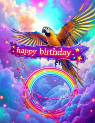 The primary subject of the image is a colorful parrot, which is the main focus of the scene. The parrot is perched on a rainbow-colored background, which adds to the vibrant and lively atmosphere of the image. The visual style of the image is a combination of digital art and illustration, creating a unique and eye-catching design. The colors and mood of the image are predominantly bright and cheerful, with the parrot and rainbow background creating a sense of happiness and celebr