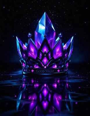The primary subject of the image is a purple crown, which is the main object, scene, or focus of the image. The setting/background features a dark, starry sky, creating a dramatic and mysterious atmosphere. The visual style of the image is digital art, as it is a computer-generated or digitally created piece. The dominant colors in the image are purple and blue, which contribute to the overall mood of the scene.